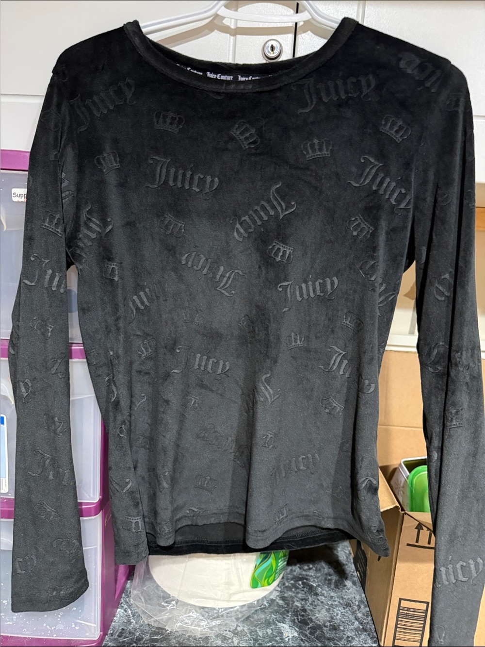 Juicy Couture Black Long-Sleeve Logo Texture Top